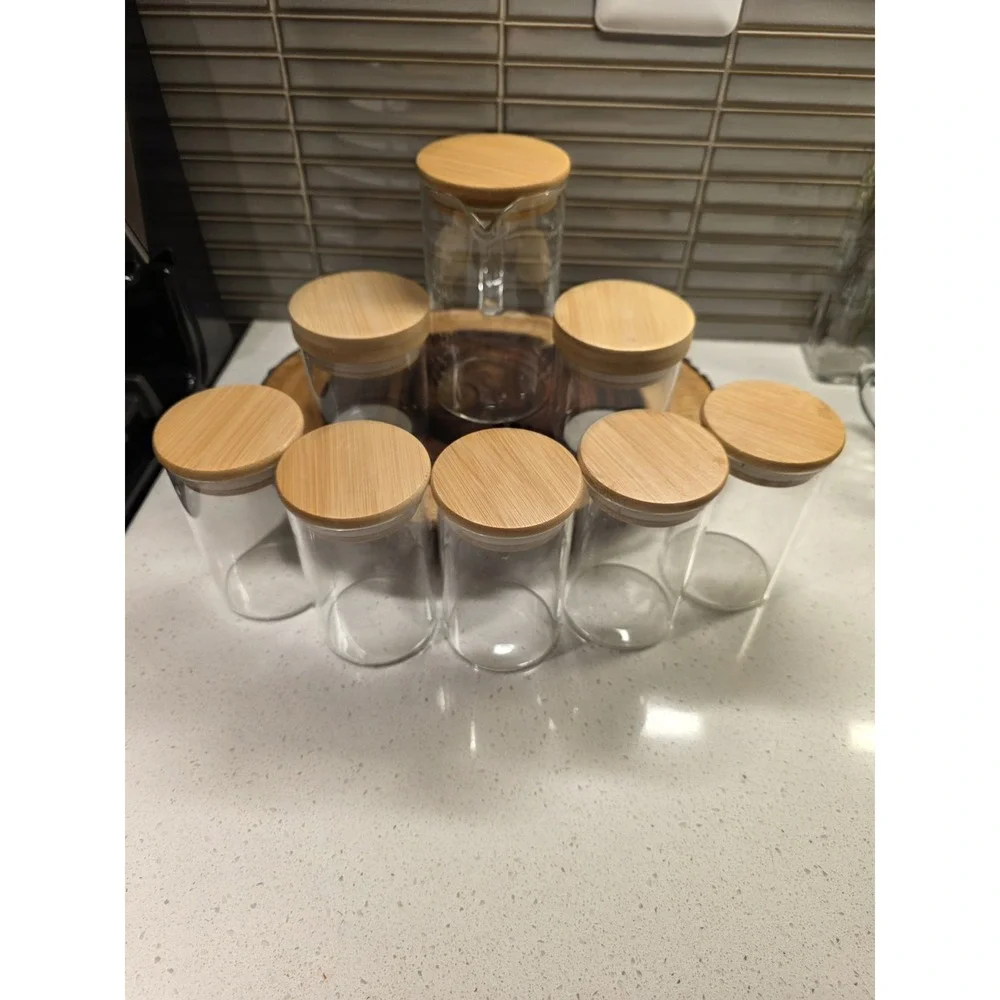 Set of 7 Glass Spice Jars, 1 Measuring Cup Bamboo Airtight Lids